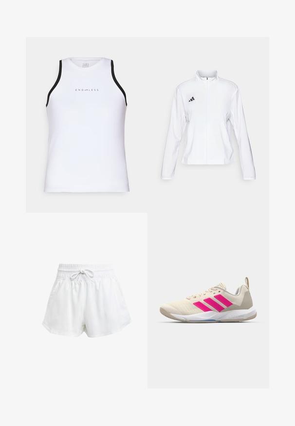 adidas Performance ADIZERO ESSENTIALS - Running jacket - white; Endless ESSENTIAL - Top - white; White athletic shorts with an elastic waistband and adjustable drawstring. Made from lightweight material, featuring side pockets and a loose fit.; Beige athletic shoe with pink three-stripe logo, textured mesh upper, padded collar, and white rubber sole, featuring "LIGHTSTRIKE" branding.
