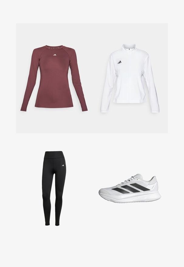 adidas Performance ADIZERO ESSENTIALS - Laufjacke - white; Langärmliges sportliches Oberteil in Burgunderrot, aus glattem, elastischem Stoff. Mit Rundhalsausschnitt und kleinem weißen Logo auf der Brust.; Schwarze Sportleggings mit hohem Bund. Aus dehnbarem Stoff gefertigt, mit einem weißen Logodetail auf der oberen linken Seite.; Weißer Sportschuh mit einem atmungsaktiven Mesh-Obermaterial, drei schwarzen Streifen, leichtem Sohlen und strukturierten Akzenten an der Ferse zur Unterstützung.