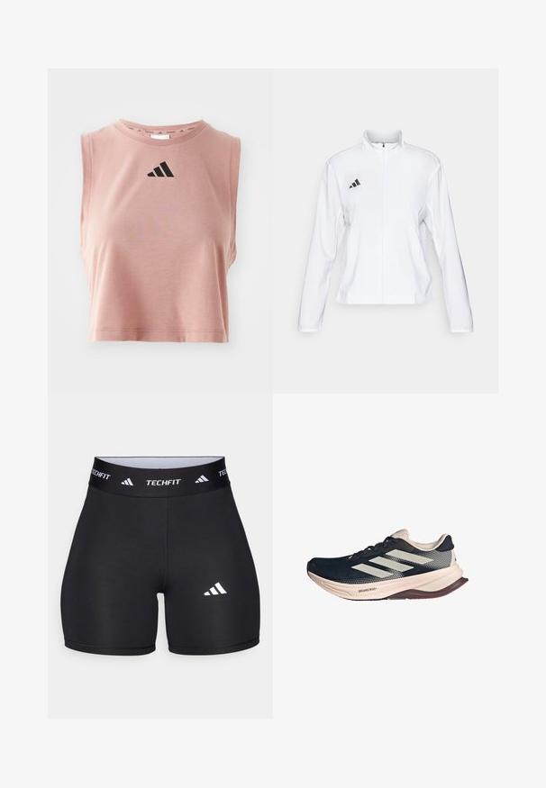 adidas Performance ADIZERO ESSENTIALS - Running jacket - white; Pink cropped tank top made of soft fabric, featuring a round neckline and black Adidas logo on the front. Sleeveless design.; Black shorts made from stretchy fabric with a fitted design. Features a wide black waistband labeled "TECHFIT" and a white logo on the leg.; Running shoe with a dark blue mesh upper, light beige sole, and white three-stripe design. Features a sleek, aerodynamic shape and textured accents.