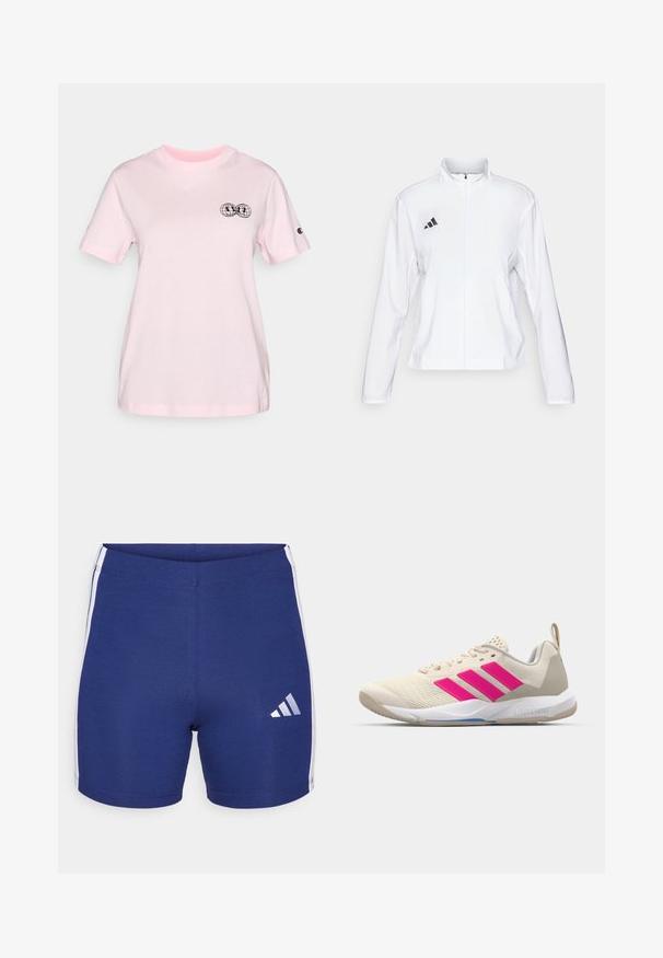 adidas Performance ADIZERO ESSENTIALS - Running jacket - white; Pink cotton t-shirt with short sleeves, featuring a black globe print logo on the left chest and a logo patch on the right sleeve.; Navy athletic shorts made of stretchy fabric with white side stripes and a reflective Adidas logo on the left leg.; Beige athletic shoe with pink three-stripe logo, textured mesh upper, padded collar, and white rubber sole, featuring "LIGHTSTRIKE" branding.