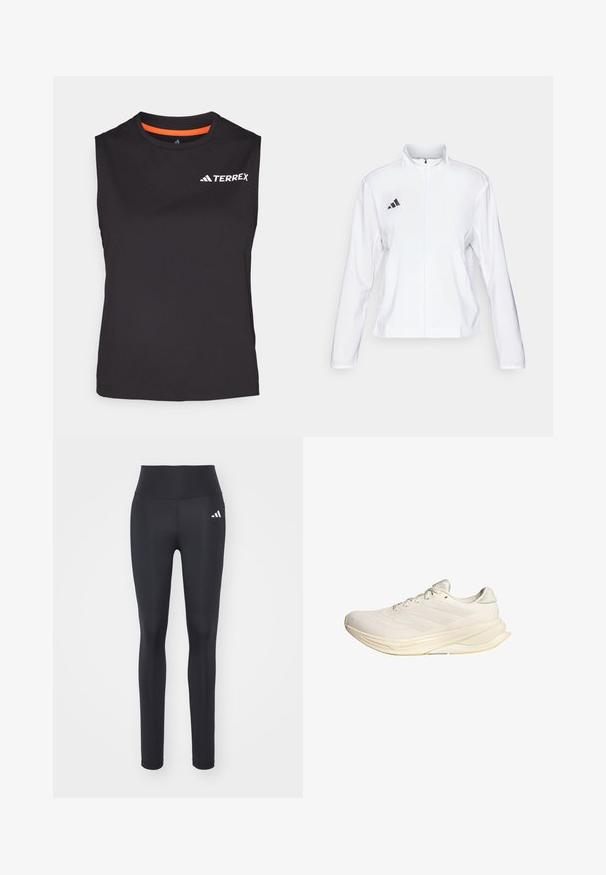 adidas Performance ADIZERO ESSENTIALS - Løpejakke - white; Ermeløs svart treningsskjorte laget av fukttransporterende stoff. Har oransje detaljer på kragen og "TERREX"-logoen trykket i hvitt.; Sorte treningsleggings laget av elastisk stoff, med høy midje og en hvit merkevarelogo på venstre hofte.; Lys beige treningsko med mesh-overdel, flate snøring og polstret såle. Har tre striper design på siden.