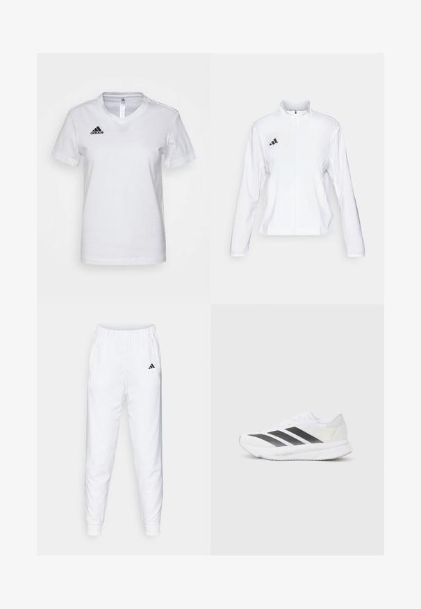 adidas Performance ADIZERO ESSENTIALS - Løpejakke - white; Hvit bomulls t-skjorte med V-halsdesign, korte ermer og svart Adidas-logo på venstre brystområde. Glatt tekstur, klassisk passform.; Hvite treningseffekter med elastisk midje og mansjetter. Har sidelommer og en liten svart logo på venstre lår. jevnt stofffinish.; Hvit sportssko med svarte diagonale striper, mesh-overdel, rund tå og teksturert såle. Detaljene inkluderer en sølvfarget hæl og minimalistisk design.