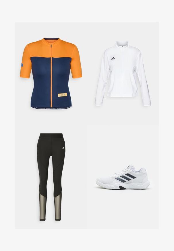 adidas Performance ADIZERO ESSENTIALS - Løpejakke - white; Korte ermers sykkeltrøye i oransje og marineblå, med glidelås foran, logo detaljer og kontrasterende paneler med en glatt overflate.; Sorte treningsbukser med høy midje, med mesh-detaljer på nedre ben og brodert logo på hoften.; Hvit sportsko med mesh-overdel, tre svarte striper på siden, teksturerte detaljer og en solid gummisåle med en kontrasterende svart seksjon.