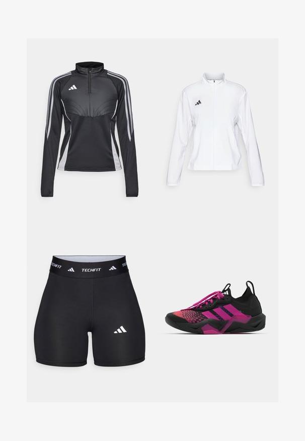 adidas Performance ADIZERO ESSENTIALS - Løpejakke - white; Svart idrettsquarter-zip langermet topp med grå detaljer og tre striper på hver arm, med et sporty design og strukturerte sømmer.; Svart shorts laget av elastisk stoff med en tettsittende design. Har en bred svart midjebånd merket "TECHFIT" og en hvit logo på benet.; Svart og rosa treningssko med teksturert overdel, mønstrede detaljer, fremtredende snøringer og en klumpete såle med rosa detaljer.