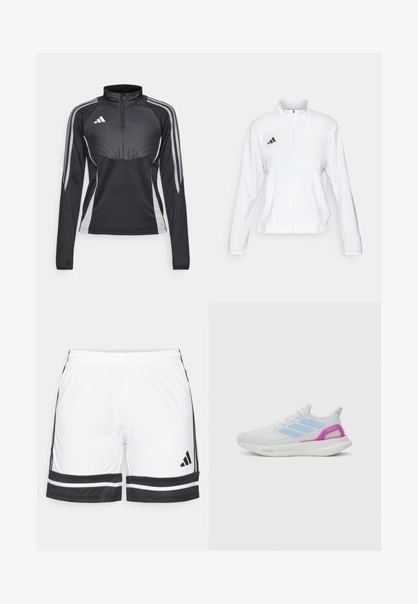 adidas Performance ADIZERO ESSENTIALS - Spordijope - white; Must metteta neljaosa ja pika varrukaga must spordipusa hallide detailidega ja kolme triibuga igal varrukal, millel on spordiline disain ja struktureeritud õmblused.; Valged spordilühikesed püksid mustade aktsentidega, millel on veniv vöökohus ja kontrastsed mustad triibud ääres ja külgedel.; adidas Performance PUREBOOST 5 - Maanteejooksu jalatsid - white/glow blue/purple burst