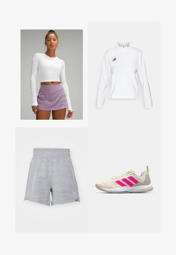 adidas Performance ADIZERO ESSENTIALS - Športna jakna - white; Bela dolgi rokav, kratki top iz teksturirane tkanine, v kombinaciji z svetloljubičasto, plastovito atletsko krilo. Gladek, prilegajoč dizajn brez vidnih vzorcev.; Sive kratke športne hlače z elastičnim pasom, ki imajo strukturirano površino in stranske razpoke za gibljivost. Lahka tkanina.; Bežni atletski čevlji z rožnatim logotipom s tremi črtami, teksturiran zgornji del iz mrežaste tkanine, oblazinjen ovratnik in bel gumijast podplat, ki nosi blagovno znamko "LIGHTSTRIKE".