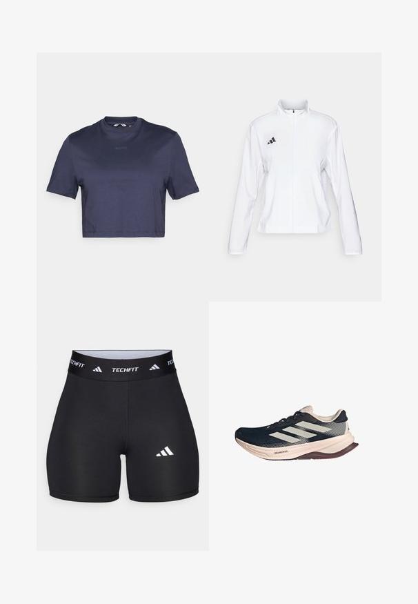 adidas Performance ADIZERO ESSENTIALS - Runningjack - white; Navyblauwe cropped t-shirt gemaakt van gladde stof met een ronde hals en korte mouwen. Voorzien van de tekst "BORG" subtiel gedrukt aan de voorkant.; Zwarte shorts van rekbaar materiaal met een getailleerd ontwerp. Beschikt over een brede zwarte tailleband met het label "TECHFIT" en een wit logo op het been.; Hardloopschoen met een donkerblauwe mesh bovenkant, lichtbeige zool en een witte drie-strepen ontwerp. Heeft een strakke, aerodynamische vorm en textuuraccenten.
