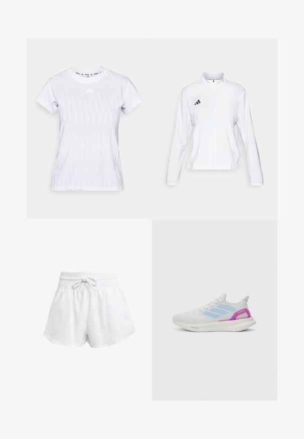 adidas Performance ADIZERO ESSENTIALS - Spordijope - white; Valge lühikeste varrukatega spordit-särk, millel on tekstuuriga disain, võrgusilmast materjal ja väike logo rinna keskel.; Valged spordilühikesed püksid elastse vöökoha ja reguleeritava paelaga. Valmistatud kergest materjalist, küljetaskudega ja lõdva istuvusega.; adidas Performance PUREBOOST 5 - Maanteejooksu jalatsid - white/glow blue/purple burst