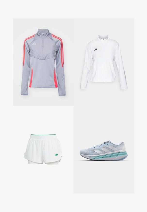 adidas Performance ADIZERO ESSENTIALS - Laufjacke - white; Helles graues Sportjacke mit pinken Akzenten, hohem Kragen und durchgehendem Reißverschluss. Verfügt über drei Streifen an jedem Ärmel und ein strukturiertes Design.; Weiße sportliche Shorts mit einem geschichteten Design, elastischem Bund, grünen Akzenten und einem kleinen grünen Logo auf der unteren linken Seite.; Helle blaue Sportschuhe mit einem strukturierten Strickobermaterial, weißen Akzenten und einer transparenten grünen Zwischensohle. Abgerundete Zehenpartie und gepolsterter Schaft.