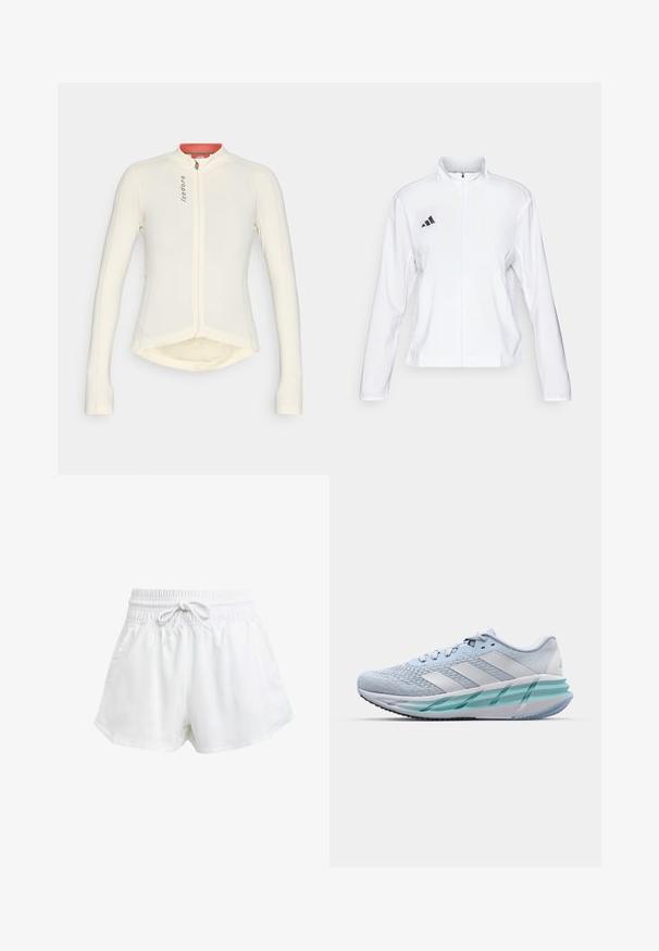 adidas Performance ADIZERO ESSENTIALS - Laufjacke - white; Weißes Langarmjersey mit hohem Kragen, Frontreißverschluss und kontrastierendem roten Innenkragen; hat einen leicht abgerundeten Saum.; Weiße Sportschorts mit elastischem Bund und einstellbarem Kordelzug. Hergestellt aus leichtem Material, mit seitlichen Taschen und lockerer Passform.; Helle blaue Sportschuhe mit einem strukturierten Strickobermaterial, weißen Akzenten und einer transparenten grünen Zwischensohle. Abgerundete Zehenpartie und gepolsterter Schaft.