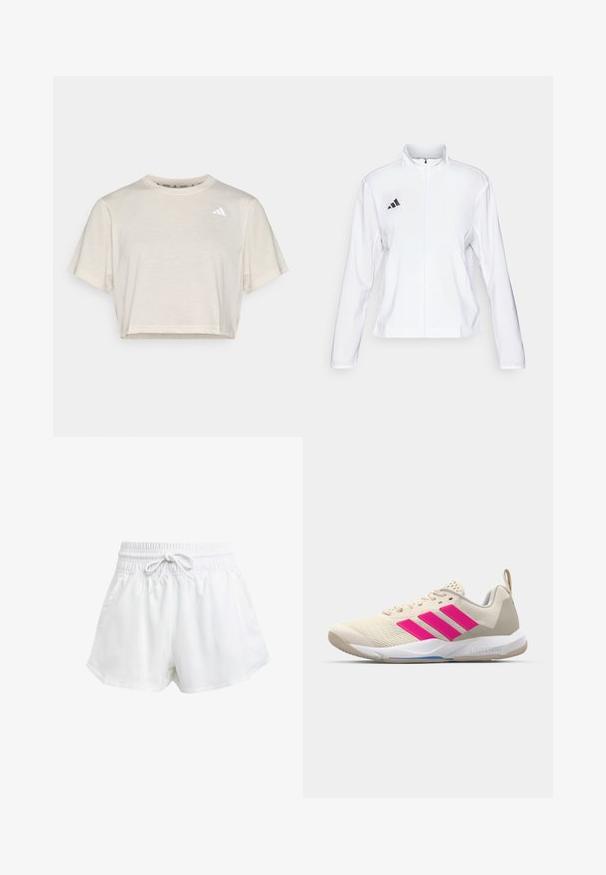 adidas Performance ADIZERO ESSENTIALS - Running jacket - white; Cropped, short-sleeve t-shirt in off-white cotton blend, featuring a small black logo on the chest. Soft texture and round neckline.; White athletic shorts with an elastic waistband and adjustable drawstring. Made from lightweight material, featuring side pockets and a loose fit.; Beige athletic shoe with pink three-stripe logo, textured mesh upper, padded collar, and white rubber sole, featuring "LIGHTSTRIKE" branding.
