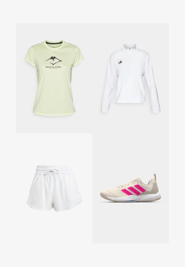 adidas Performance ADIZERO ESSENTIALS - Laufjacke - white; ASICS FUJITRAIL LOGO TOP - T-Shirt print - cool matcha; Weiße Sportschorts mit elastischem Bund und einstellbarem Kordelzug. Hergestellt aus leichtem Material, mit seitlichen Taschen und lockerer Passform.; Beige Sportsschuh mit pinkem Dreistreifen-Logo, strukturiertem Mesh-Obermaterial, gepolstertem Schaft und weißer Gummisohle, mit "LIGHTSTRIKE"-Branding.