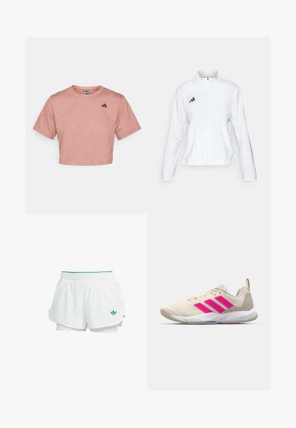 adidas Performance ADIZERO ESSENTIALS - Casaco de corrida - white; T-shirt de manga curta, curta, em algodão rosa suave, com decote redondo e logótipo preto destacado no lado esquerdo do peito. Textura suave, design simples.; Calções de desporto brancos com um design em camadas, cintura elástica, detalhes em verde e um pequeno logótipo verde no lado inferior esquerdo.; Sapata atlética bege com logotipo de três riscas cor-de-rosa, parte superior em malha texturizada, colarinho acolchoado e sola de borracha branca, apresentando a marca "LIGHTSTRIKE".