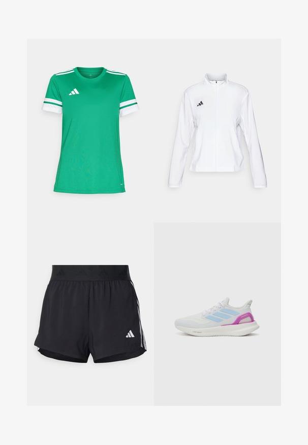 adidas Performance ADIZERO ESSENTIALS - Sporta jaka - white; Zaļš sporta krekls vieglā audumā ar apaļu kakla izgriezumu, baltiem svītrainiem piedurknēm un logotipu augšējā kreisajā stūrī.; Melni sporta šorti ar elastīgu jostu, ar teksturētu joslu, sānu svītrām un baltu Adidas logo apakšējā malu.; adidas Performance PUREBOOST 5 - Apavi skriešanai pa asfaltu - white/glow blue/purple burst