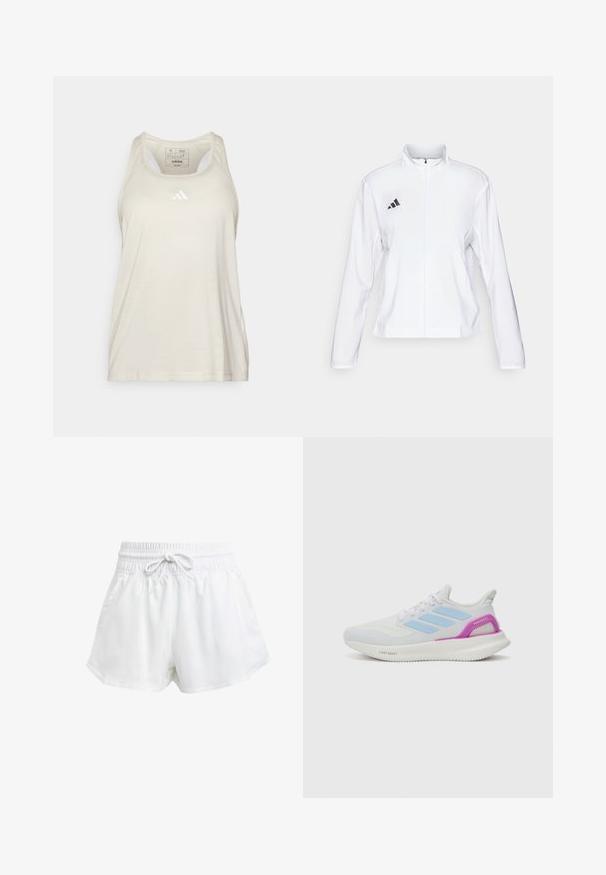 adidas Performance ADIZERO ESSENTIALS - Giacca da running - white; adidas Performance TRAIN ESSENTIALS MINIMAL BRANDING RACERBACK - Top - alumina/white; Pantaloni sportivi bianchi con cintura elastica e cordino regolabile. Realizzati in materiale leggero, presentano tasche laterali e una vestibilità ampia.; adidas Performance PUREBOOST 5 - Scarpe da corsa su strada - white/glow blue/purple burst
