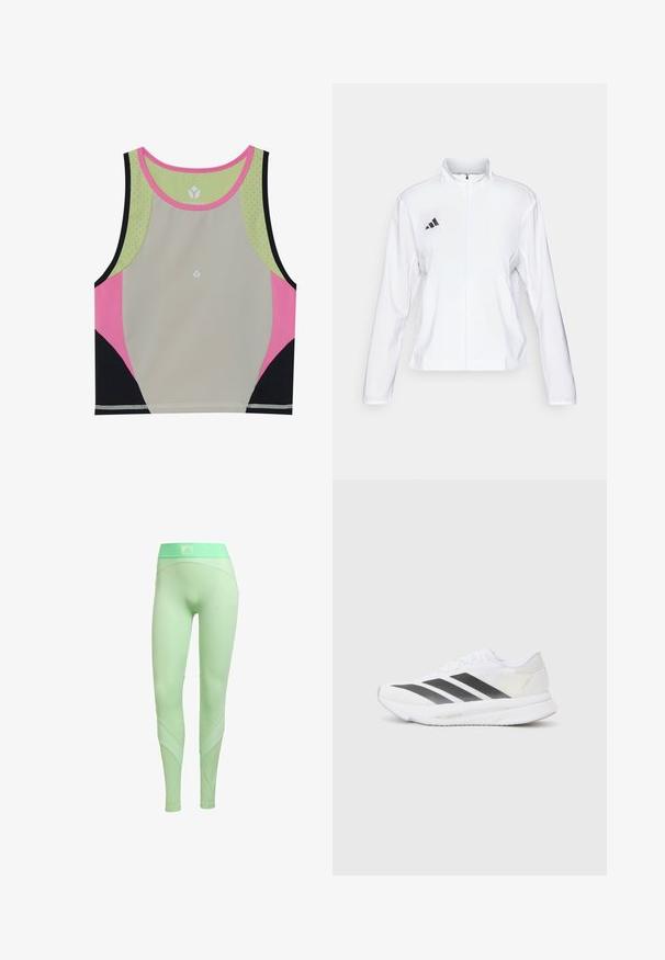 adidas Performance ADIZERO ESSENTIALS - Giacca da running - white; Top corto sportivo colorato con un corpo grigio chiaro, dettagli in rosa, nero e verde, e un collo rotondo con dettagli perforati.; adidas Performance HYPERGLAM - Leggings - semi green spark lime burst; Scarpa sportiva bianca con strisce diagonali nere, tomaia in rete, punta arrotondata e suola testurizzata. Gli accenti includono un tallone argentato e un design minimalista.