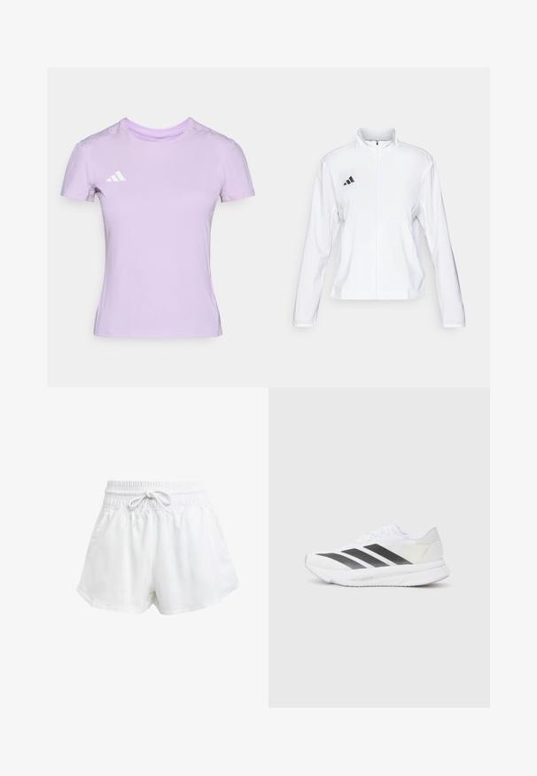 adidas Performance ADIZERO ESSENTIALS - Löparjacka - white; Ljust lila atletisk t-shirt gjord av mjukt tyg, med rund halsringning och korta ärmar, samt en vit Adidas-logotyp på vänster bröst.; Vita träningsshorts med elastisk midja och justerbar dragsko. Tillverkade av lätt material, med sidofickor och en lös passform.; Vita sportskor i vitt med svarta diagonala ränder, överdel i mesh, rundad tå och texturerad sula. Accenter inkluderar en silverfärgad häl och en minimalistisk design.