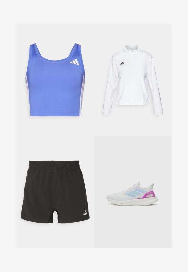 adidas Performance ADIZERO ESSENTIALS - Sportdzseki - white; Fénykék sportszemüveg rugalmas anyagból, kerek nyakkivágással, széles pántokkal, fehér oldalsávokkal és logóval a bal felső részen.; Fekete sportnadrág, könnyű anyagból készült. Rugalmas derékrésszel, oldalsó cipzáros zsebbel és fényvisszaverő logóval rendelkezik az alján.; adidas Performance PUREBOOST 5 - Utcai futócipők - white/glow blue/purple burst
