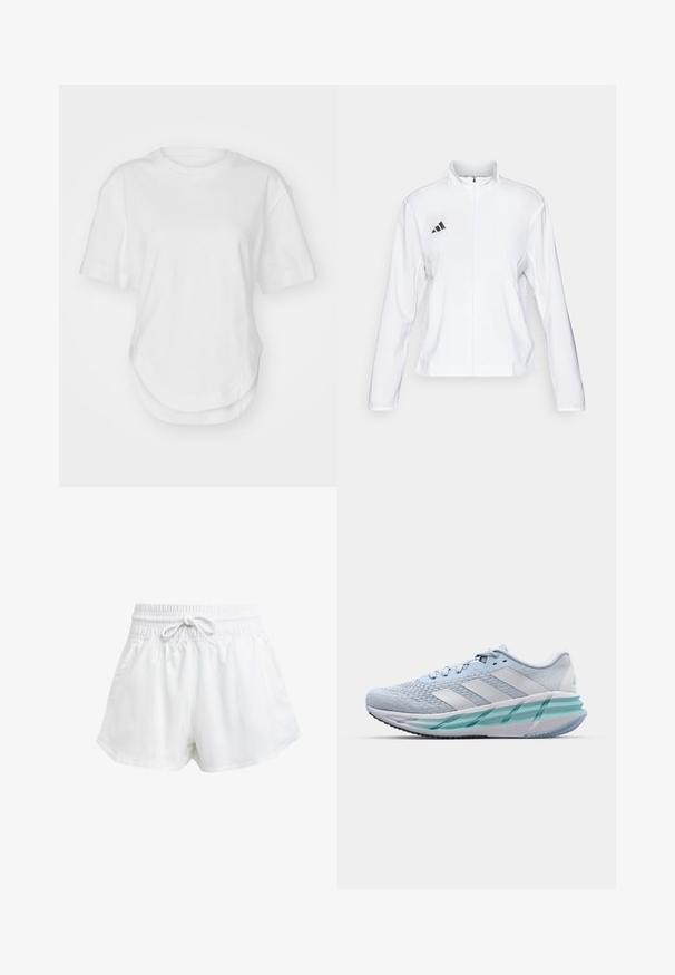 adidas Performance ADIZERO ESSENTIALS - Běžecká bunda - white; Bílý bavlněný tričko s kulatým výstřihem, krátkými rukávy a zaobleným lemem. Hladká textura bez vzorů nebo akcentů.; Bílé sportovní kraťasy s elastickým pasem a nastavitelnou šňůrkou. Vyrobené z lehkého materiálu, s bočními kapsami a volným střihem.; Světlomodré sportovní boty s texturovaným pleteným svrškem, bílými akcenty a průhledným zeleným mezipodešví. Oválná špička a polstrovaný límec.