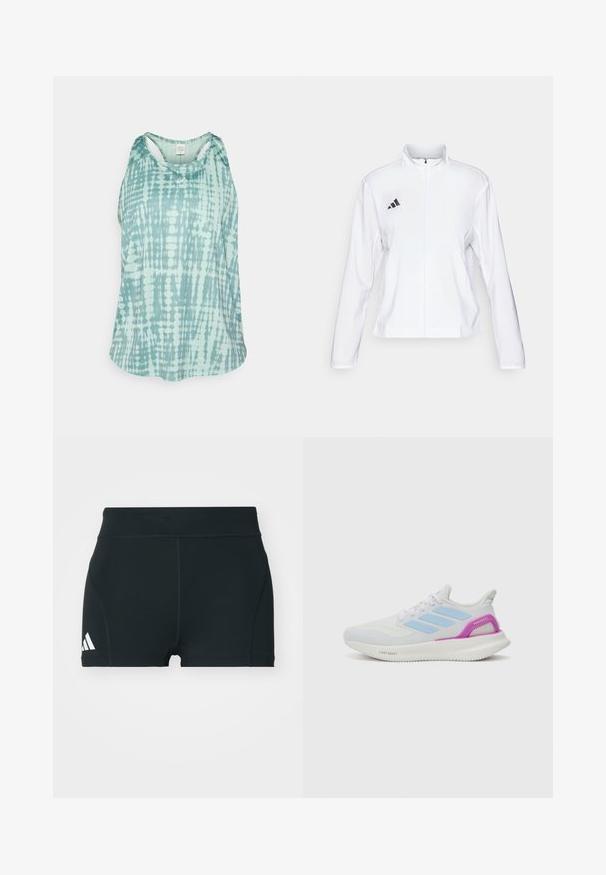 adidas Performance ADIZERO ESSENTIALS - Spordijope - white; Heledest sinine ja valge tie-dye mustriga särgita atleetide topp, millel on rinna peal väike logo ja millel on racerback, esitatud valge taustal.; Mustad mustad lühikesed püksid, mis on valmistatud venivast kangast, kõrge vöökoht, vormitud lõige ja vasakul küljel valge Adidas logo.; adidas Performance PUREBOOST 5 - Maanteejooksu jalatsid - white/glow blue/purple burst