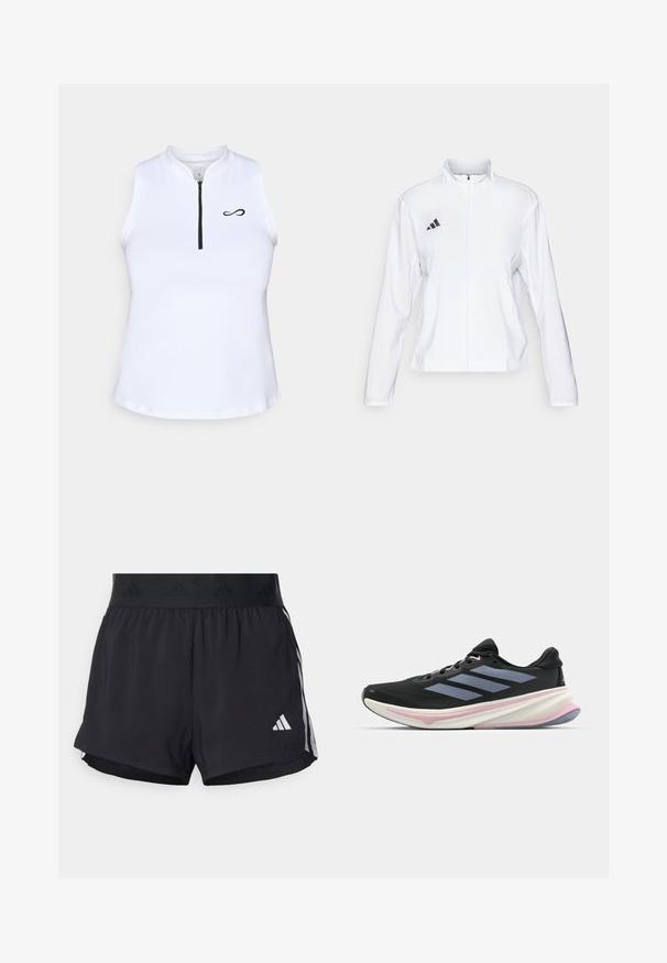 adidas Performance ADIZERO ESSENTIALS - Spordijope - white; Valge ilma varrukateta topp kõrge kraega, millel on ees lukk ja must logo vasakul küljel. Sile, kerge kangas.; Musta sportlikud lühikesed püksid elastse vöökohtaga, millel on tekstuuriga riba, külgmised triibud ja alumises servas valge Adidas'i logo.; Mustad spordijalatsid võrgust pealsetega, millel on hallid triibud, valge keskosa roosade detailidega ja tekstuuriga välistald.
