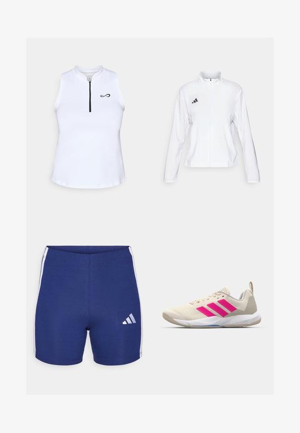 adidas Performance ADIZERO ESSENTIALS - Jachetă sport - white; Top alb fără mâneci, cu guler înalt, care are un fermoar în față și un logo negru pe partea stângă. Material neted și ușor.; Pantaloni scurți atletici bleumarin, realizați dintr-un material elastic, cu dungi albe pe lateral și un logo reflectorizant Adidas pe piciorul stâng.; Pantof de sport bej cu logo în trei dungi roz, superior din plasă texturată, guler căptușit și talpă din cauciuc alb, având marca "LIGHTSTRIKE".