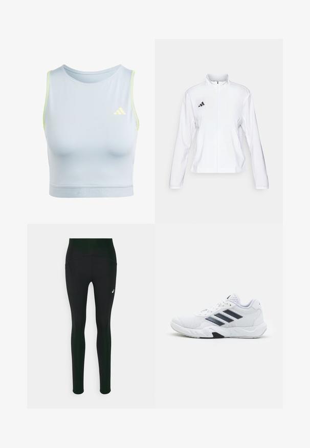adidas Performance ADIZERO ESSENTIALS - Løpejakke - white; Lyseblå treningscrop-top med en tettsittende design, med et logo og gule detaljer langs kantene. Laget av myk, elastisk stoff.; Sorte leggings med høyt liv, med en glatt tekstur og sidelommer. Subtile refleksive detaljer og en logodetalj.; Hvit sportsko med mesh-overdel, tre svarte striper på siden, teksturerte detaljer og en solid gummisåle med en kontrasterende svart seksjon.