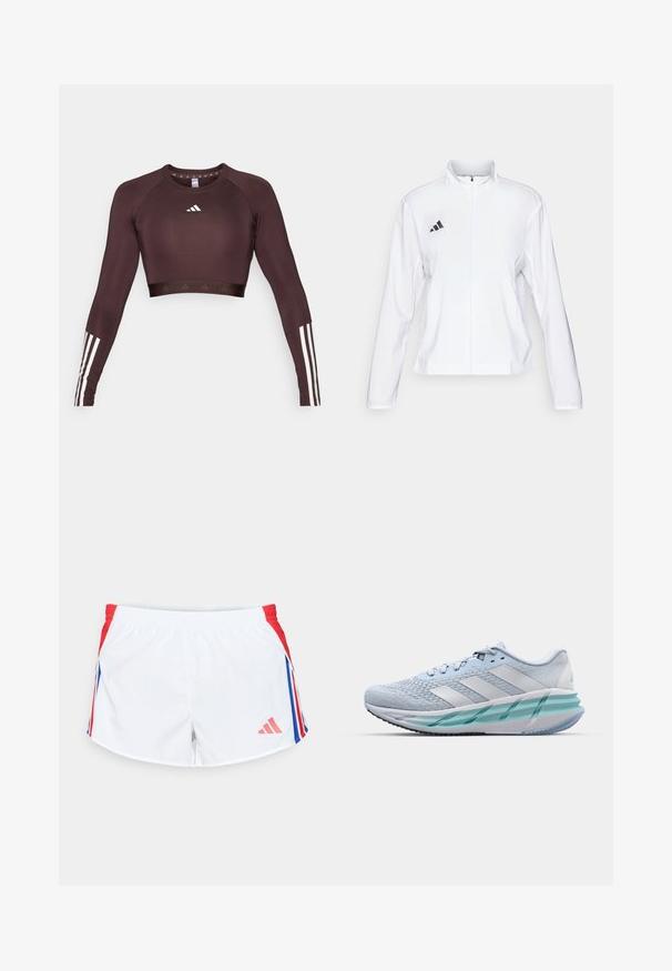 adidas Performance ADIZERO ESSENTIALS - Running jacket - white; Crop top in dark brown fabric with long sleeves. Features white Adidas logo and three white stripes on each sleeve. Smooth texture.; White sports shorts with red side panels featuring blue stripes. Elastic waistband and logo on the lower left side. Smooth fabric texture.; Light blue athletic shoes with a textured knit upper, white accents, and a transparent green midsole. Rounded toe and padded collar.