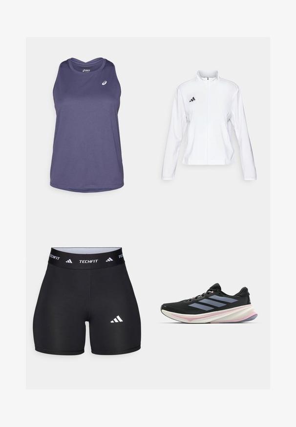 adidas Performance ADIZERO ESSENTIALS - Veste de running - white; Débardeur de sport sans manches en violet, composé d'un tissu léger, avec un col rond et un logo de marque discret à l'avant.; Shorts noirs en tissu extensible avec un design ajusté. Dotés d'une large ceinture noire portant l'étiquette "TECHFIT" et d'un logo blanc sur la jambe.; Chaussure de course noire avec dessus en mesh, accents violet clair et trois bandes grises horizontales. Dispose d'une semelle rembourrée pour le confort.