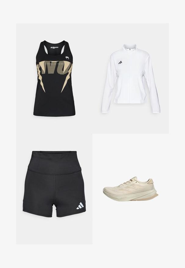 adidas Performance ADIZERO ESSENTIALS - Sportska jakna - white; Crni top na bretele s upečatljivim zlatnim grafičkim dizajnom i prugastim elementima. Izrađen od lagane tkanine, s izrezom na leđima u obliku utrkivača i minimalnim metalnim detaljima.; adidas Performance Tajice - black; Bež tenisice za trčanje s prozračnom mrežastom gornjom stijenkom, teksturiranim dizajnom, zakrivljenom potplatom i tri pruge sa strane. Lagane i moderne.
