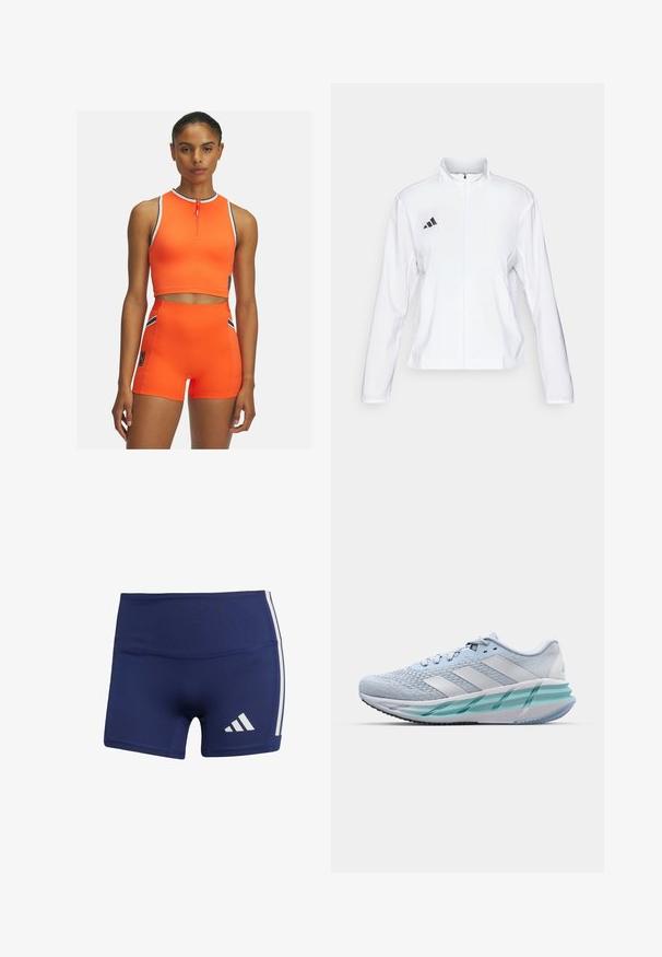 adidas Performance ADIZERO ESSENTIALS - Runningjack - white; Felrood actieve kledingset met een mouwloze zip-up crop top en high-waisted shorts, verfraaid met zwart-witte strepen.; Donkerblauwe sportshorts met een strakke pasvorm, gemaakt van gladde stof, met witte zijstrepen en een logo op de linkeronderzijde.; Lichtblauwe sportschoenen met een gestructureerde breitbovenkant, witte accenten en een doorzichtige groene tussenzool. Ronde neus en gevoerde kraag.
