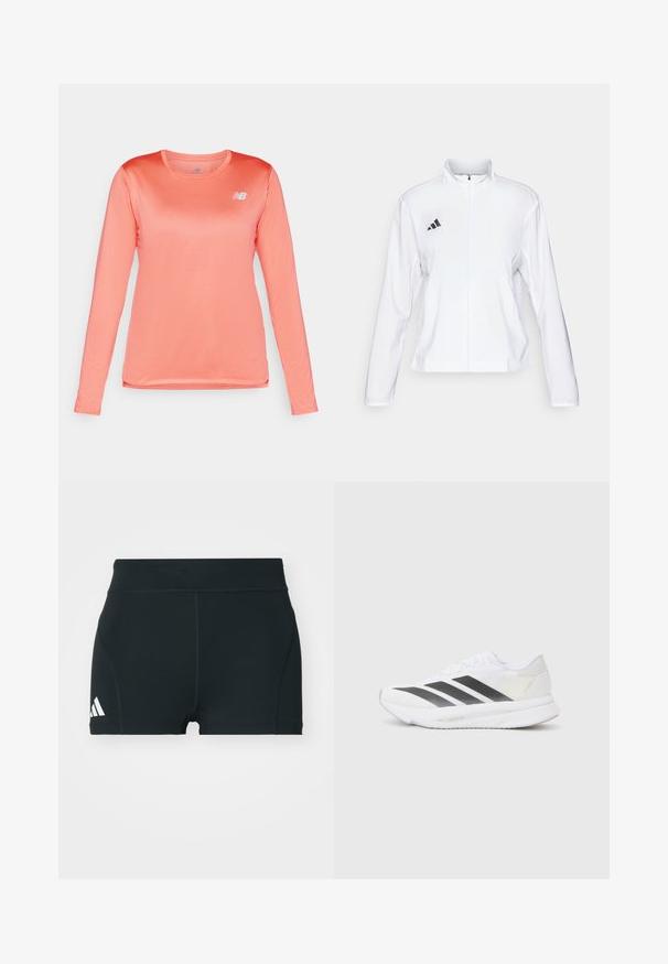 adidas Performance ADIZERO ESSENTIALS - Sportdzseki - white; Hosszú ujjú sportpóló élénk korall színben, texturált anyagból, kerek nyakkal és kis fehér logóval a bal mellen.; Fekete sportnadrág elasztikus anyagból, magas derékkal, testhezálló fazonban, bal oldalon fehér Adidas logóval.; Fehér sportcipő fekete átlós csíkokkal, hálós felsőrésszel, lekerekített orral és texturált talppal. A kiegészítők között szerepel egy ezüst sarok és minimalista dizájn.