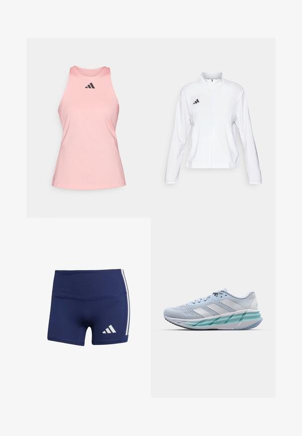 adidas Performance ADIZERO ESSENTIALS - Giacca da running - white; adidas Performance Top - semi pink spark; Pantaloni sportivi aderenti blu navy, realizzati in tessuto liscio, con strisce laterali bianche e un logo sul lato sinistro in basso.; Scarpe da ginnastica azzurro chiaro con tomaia in maglia testurizzata, accenti bianchi e suola intermedia verde trasparente. Punta rotonda e colletto imbottito.
