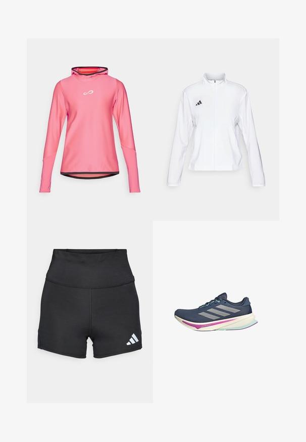 adidas Performance ADIZERO ESSENTIALS - Sporta jaka - white; Viegls, garām piedurknēm, rozā kapucis, kas raksturīgs ar elpojošu tekstūru, noapaļotu apakšmalu un melnu apmalīti pie kakla ar logotipu.; adidas Performance Legingi - black; Jūras flotes skriešanas apavi ar sietveida augšdaļu, sudraba svītrām, miintu akcentiem un mīkstu zoli ar rozā un tirkīza detaļām komfortam.