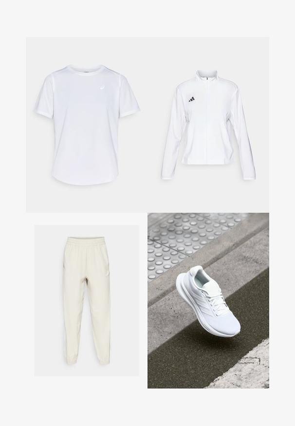adidas Performance ADIZERO ESSENTIALS - Běžecká bunda - white; Bílý sportovní tričko, krátké rukávy, kulatý výstřih, vyrobené z tkaniny odvádějící vlhkost, s malým logem na hrudi, lehká textura.; Světlé béžové sportovní kalhoty s elastickým pasem a manžetami na kotnících. Mají bílé postranní pruhy a malé logo na přední straně.; Bílé sportovní boty s vrchní částí z síťoviny, šněrovacím designem a texturovanou podrážkou. Jemné logo a detaily bez švů jsou viditelné.