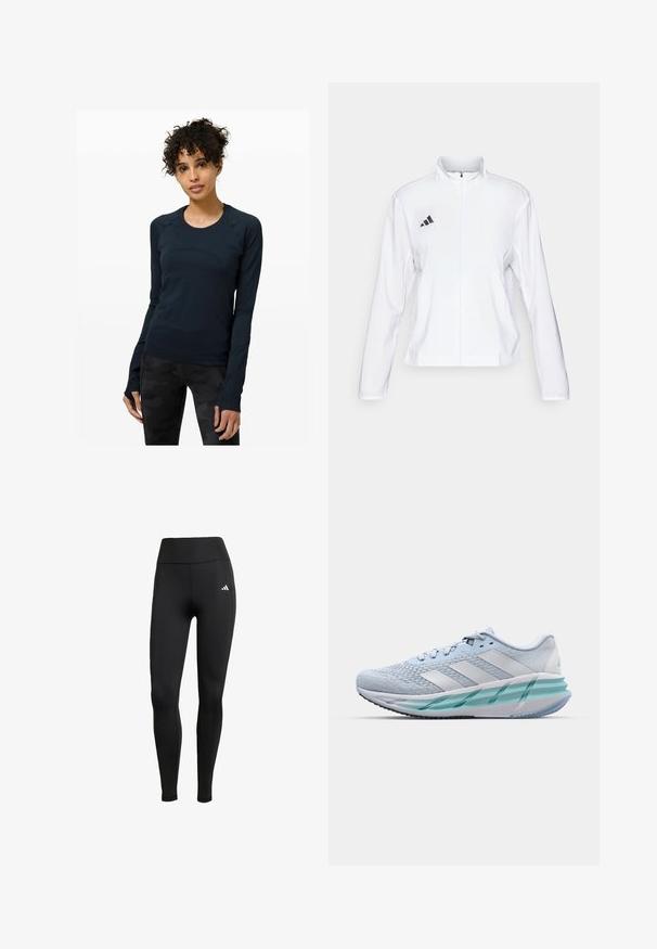 adidas Performance ADIZERO ESSENTIALS - Laufjacke - white; Dunkelblaues Sportoberteil mit langen Ärmeln und rundem Ausschnitt, ausgestattet mit Raglanärmeln und Daumenlöchern. Glatter Stoff mit taillierter Passform.; Schwarze Sportleggings mit hohem Bund. Aus dehnbarem Stoff gefertigt, mit einem weißen Logodetail auf der oberen linken Seite.; Helle blaue Sportschuhe mit einem strukturierten Strickobermaterial, weißen Akzenten und einer transparenten grünen Zwischensohle. Abgerundete Zehenpartie und gepolsterter Schaft.