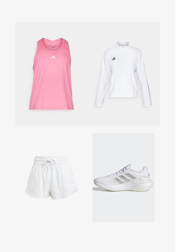 adidas Performance ADIZERO ESSENTIALS - Veste de running - white; Débardeur de sport sans manches rose avec un col rond, fabriqué en matériau léger, arborant un petit logo Adidas blanc à l'avant.; Shorts de sport blancs avec une taille élastique et un cordon de serrage réglable. Fabriqués en matériau léger, ils sont dotés de poches latérales et d'une coupe ample.; Chaussure de sport blanche avec un dessus en mesh texturé, design à trois bandes argentées, semelle rembourrée et talon arrondi. Dispose d'un système de laçage et d'une languette rembourrée.