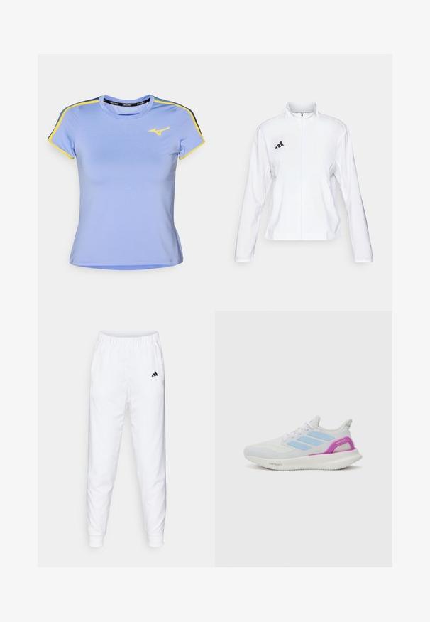 adidas Performance ADIZERO ESSENTIALS - Sporta jaka - white; Gaiši zils sporta krekls ar īsām piedurknēm, ar dzeltenām un tumši zilām plecu svītrām un mazu dzeltenu logo uz krūtīm.; Baltas sporta bikses ar elastīgu jostasvietu un piedurknēm. Satur sānu kabatas un mazu melnu logo kreisajā augšstilbā. Gluda auduma apdare.; adidas Performance PUREBOOST 5 - Apavi skriešanai pa asfaltu - white/glow blue/purple burst