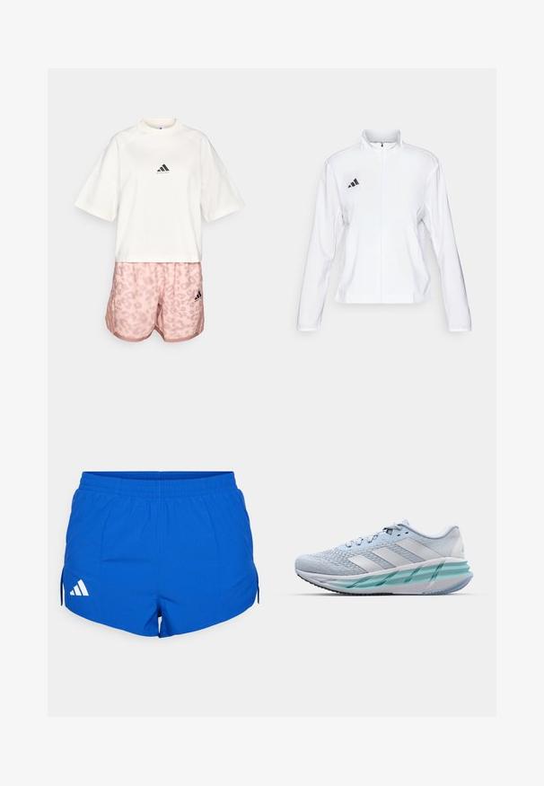 adidas Performance ADIZERO ESSENTIALS - Laufjacke - white; adidas Performance TEE - T-Shirt print - chalk white; Blaue Sportshorts mit elastischem Bund, featuring das weiße Adidas-Logo auf der linken Seite und seitlichen Schlitzen für verbesserte Beweglichkeit.; Helle blaue Sportschuhe mit einem strukturierten Strickobermaterial, weißen Akzenten und einer transparenten grünen Zwischensohle. Abgerundete Zehenpartie und gepolsterter Schaft.