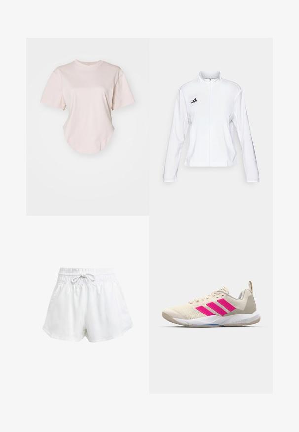 adidas Performance ADIZERO ESSENTIALS - Chaqueta de running - white; Camiseta de manga corta color rosa claro en suave algodón. Presenta un dobladillo redondeado, cuello redondo y un corte relajado con hombros caídos. Diseño minimalista.; Pantalones cortos deportivos blancos con cintura elástica y cordón ajustable. Hechos de material ligero, cuentan con bolsillos laterales y un corte holgado.; Zapatilla deportiva beige con logo de tres rayas rosa, parte superior de malla texturizada, cuello acolchado y suela de goma blanca, con la marca "LIGHTSTRIKE".