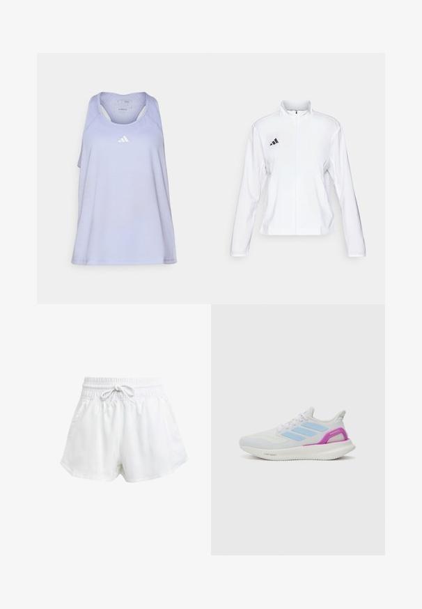 adidas Performance ADIZERO ESSENTIALS - Sporta jaka - white; Gaiši violets sporta kreklis ar sacīkšu muguras dizainu. Uz krūšu daļas ir mazs balts Adidas logo. Izgatavots no gluda, elpojoša auduma.; Baltas sporta šorts ar elastīgu jostu un regulējamu auklu. Izgatavoti no viegla materiāla, ar sānu kabatām un brīvu piegriezumu.; adidas Performance PUREBOOST 5 - Apavi skriešanai pa asfaltu - white/glow blue/purple burst