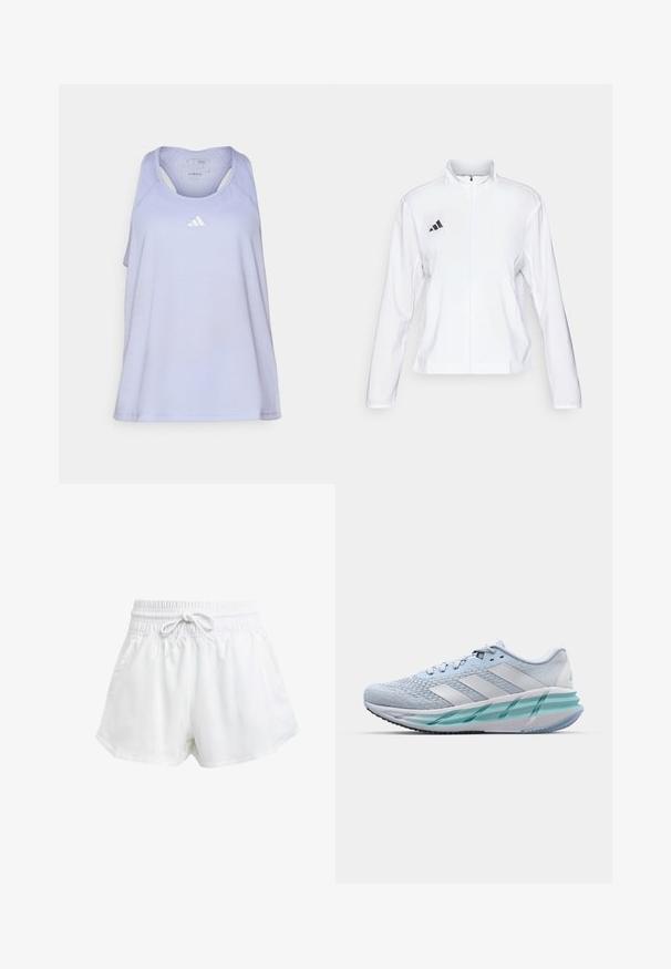 adidas Performance ADIZERO ESSENTIALS - Runningjack - white; Lichtpaarse sporttanktop met een racerbackontwerp. Voorzien van een klein wit Adidas-logo op de borst. Gemaakt van glad, ademend materiaal.; Witte sportieve shorts met een elastische tailleband en verstelbaar trekkoord. Gemaakt van lichtgewicht materiaal, met zijzakken en een losse pasvorm.; Lichtblauwe sportschoenen met een gestructureerde breitbovenkant, witte accenten en een doorzichtige groene tussenzool. Ronde neus en gevoerde kraag.