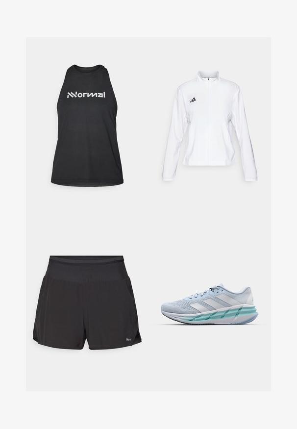 adidas Performance ADIZERO ESSENTIALS - Giacca da running - white; Top sportivo nero in tessuto testurizzato. Presenta un collo alto e la scritta logo bianca "Normal" sul davanti. Design senza maniche.; Pantaloni sportivi neri con vita piatta, di lunghezza corta e tasche laterali. Il tessuto appare traspirante con una texture liscia.; Scarpe da ginnastica azzurro chiaro con tomaia in maglia testurizzata, accenti bianchi e suola intermedia verde trasparente. Punta rotonda e colletto imbottito.