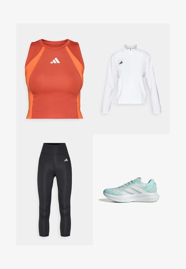 adidas Performance ADIZERO ESSENTIALS - Laufjacke - white; Orange athletisches Crop-Top aus glattem, dehnbarem Material. Verfügt über ein Racerback-Design und ein weißes Logo auf der Vorderseite.; Schwarze hochtaillierte Leggings aus einem glatten, dehnbaren Material mit einem kleinen weißen Adidas-Logo auf der linken Hüfte.; Helleblaue Laufschuhe mit einem Obermaterial aus Mesh, drei weißen Streifen an der Seite, gepolstertem Schaft und einer strukturierten Sohle für Traktion.