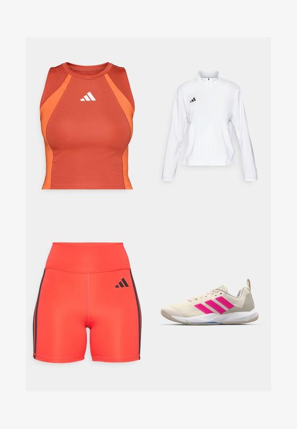 adidas Performance ADIZERO ESSENTIALS - Laufjacke - white; Orange athletisches Crop-Top aus glattem, dehnbarem Material. Verfügt über ein Racerback-Design und ein weißes Logo auf der Vorderseite.; Helles rotes Sportshorts mit hoher Taille, ausgestattet mit schwarzen Seitstreifen und einem Adidas-Logo. Hergestellt aus dehnbarem Material für zusätzlichen Komfort.; Beige Sportsschuh mit pinkem Dreistreifen-Logo, strukturiertem Mesh-Obermaterial, gepolstertem Schaft und weißer Gummisohle, mit "LIGHTSTRIKE"-Branding.