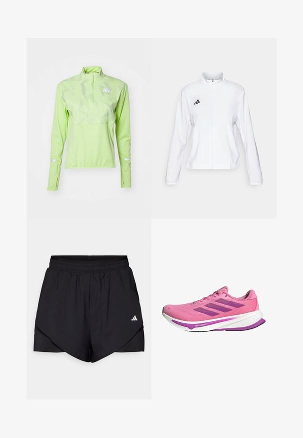 adidas Performance ADIZERO ESSENTIALS - Løpejakke - white; adidas Performance ULTIMATE VIS REFLECTIVE 1/2-ZIP - Topper langermet - pulse lime; Svarte sportsshorts med lagdelt design, laget av lett materiale. Har elastisk liv og en liten hvit logo på siden.; Rosa idrettssko med mesh-overdel, lilla detaljer, tre-stripes logo, polstret hvit mellomsole og svart gummisåle.