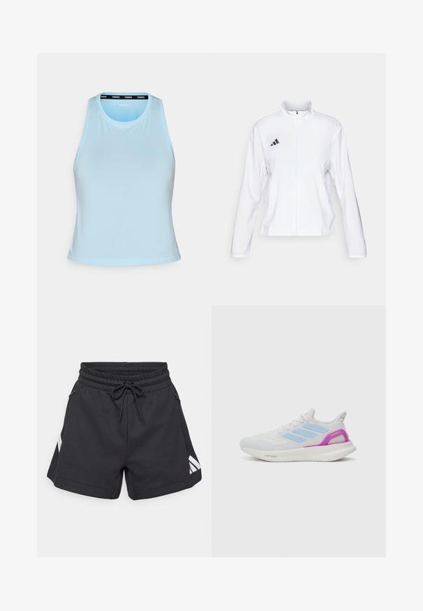 adidas Performance ADIZERO ESSENTIALS - Sportdzseki - white; Világoskék sportos ujjatlan felső, kerek nyakkivágással és fekete márkás szalaggal a gallér mentén. Sima textúra.; Fekete sportnadrág elasztikus derékpánttal és zsinórral. Két oldalzsebbe és egy fehér átlós logóval rendelkezik az oldalon.; adidas Performance PUREBOOST 5 - Utcai futócipők - white/glow blue/purple burst