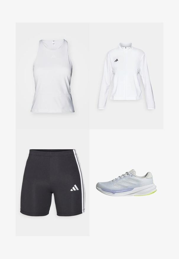 adidas Performance ADIZERO ESSENTIALS - Runningjack - white; Witte mouwloze sporttop met een ronde hals, een gladde textuur en een subtiele tonal logo op de borst. Rechte zoom aan de taille.; Zwarte sportshorts van rekbare stof, met witte zijstrips en een Adidas-logo op de onderkant van het rechterbeen. Als een gladde textuur.; Witte sportschoen met een ademende mesh bovenkant, een gemêleerd ontwerp en lavendelkleurige accenten. Heeft een gevoerde zool met groene details op de buitenzool.
