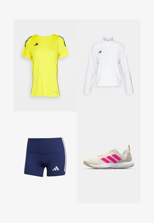 adidas Performance ADIZERO ESSENTIALS - Běžecká bunda - white; Žluté sportovní tričko vyrobené z prodyšné tkaniny, se středně vysokým výstřihem, krátkými rukávy, černými bočními pruhy a detailem "AEROREADY".; Tmavě modré sportovní šortky s těsným střihem, vyrobené z hladké látky, s bílými bočními pruhy a logem na dolní levé straně.; Béžová sportovní obuv s růžovým logem tří pruhů, texturovaným síťovaným svrškem, polstrovaným límcem a bílou gumovou podešví, s označením "LIGHTSTRIKE".