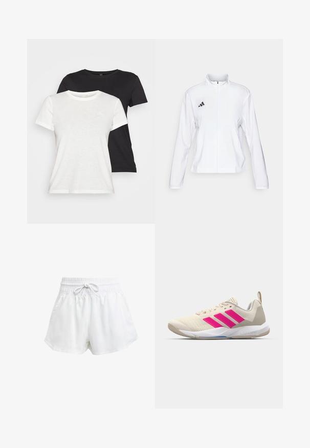 adidas Performance ADIZERO ESSENTIALS - Running jacket - white; Two short-sleeve t-shirts in black and white. Both feature a crew neck, soft fabric, and a small, subtle logo in the upper left corner.; White athletic shorts with an elastic waistband and adjustable drawstring. Made from lightweight material, featuring side pockets and a loose fit.; Beige athletic shoe with pink three-stripe logo, textured mesh upper, padded collar, and white rubber sole, featuring "LIGHTSTRIKE" branding.